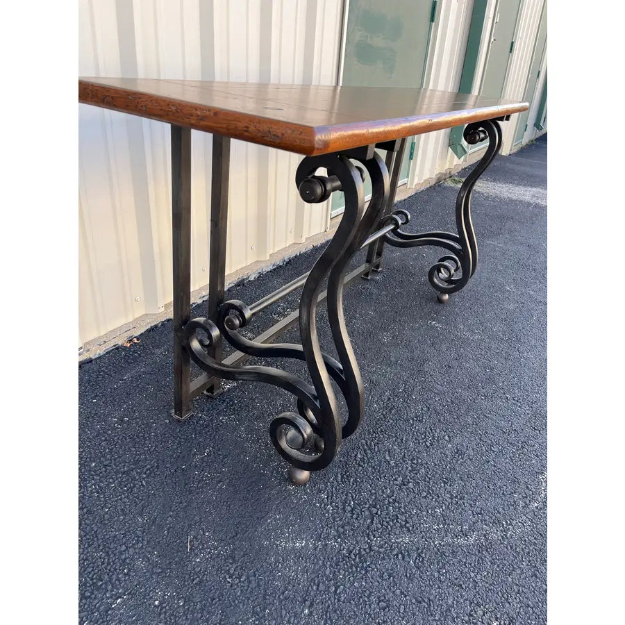 Baker Furniture Wrought Iron and Rustic Pine Sofa Console Table