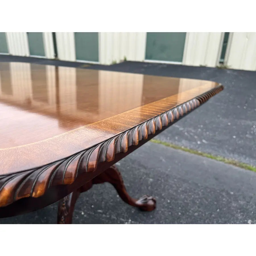 Banded Mahogany Double Pedestal Extension Dining Table- Clawfoot, Corded Edge- Circa 1980