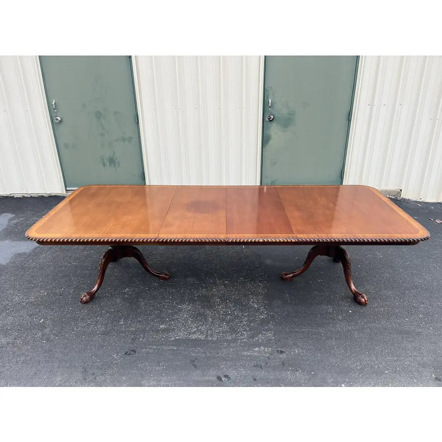 Banded Mahogany Double Pedestal Extension Dining Table- Clawfoot, Corded Edge- Circa 1980