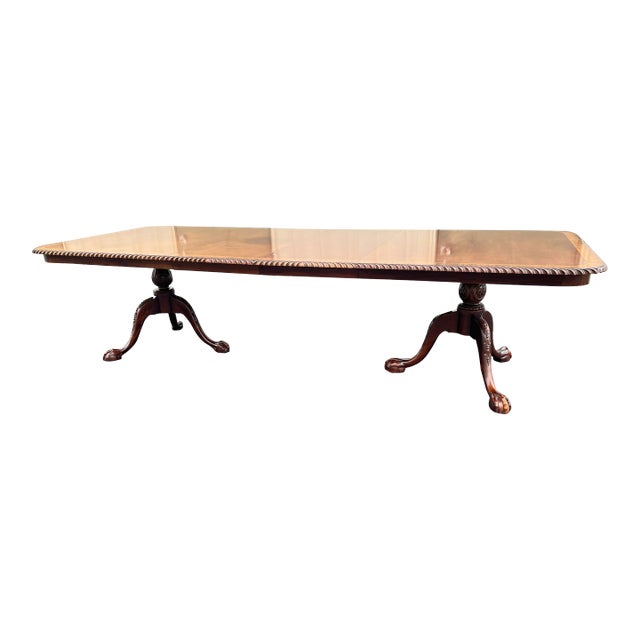 Banded Mahogany Double Pedestal Extension Dining Table- Clawfoot, Corded Edge- Circa 1980