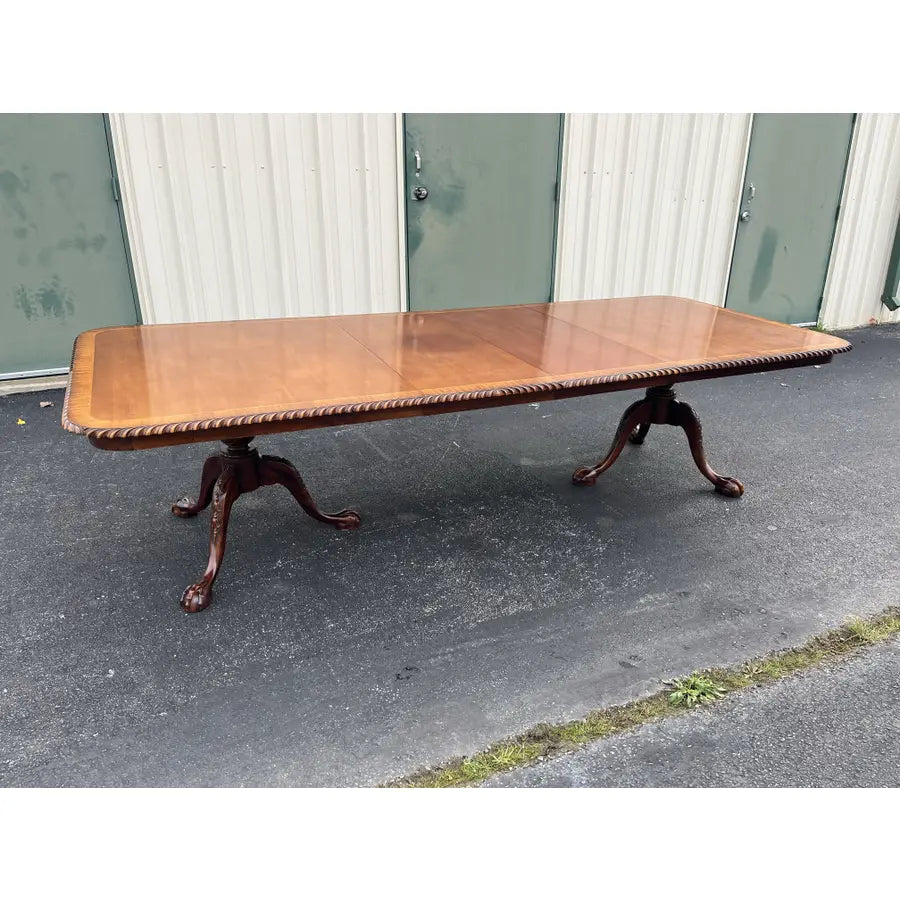 Banded Mahogany Double Pedestal Extension Dining Table- Clawfoot, Corded Edge- Circa 1980
