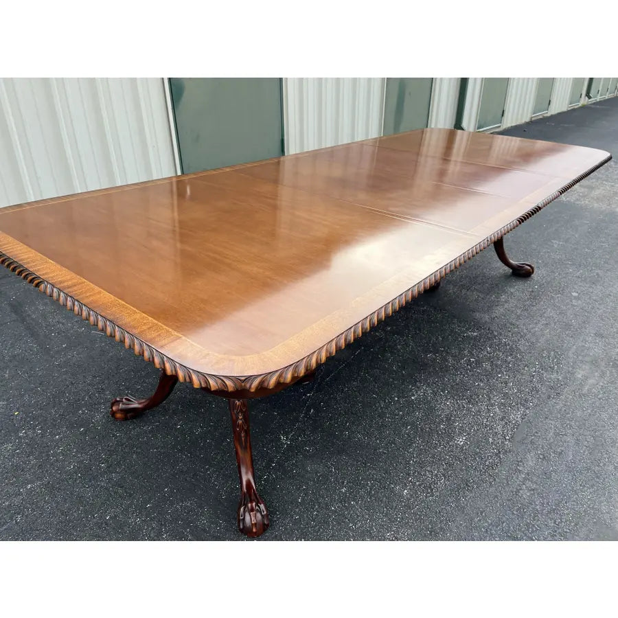 Banded Mahogany Double Pedestal Extension Dining Table- Clawfoot, Corded Edge- Circa 1980