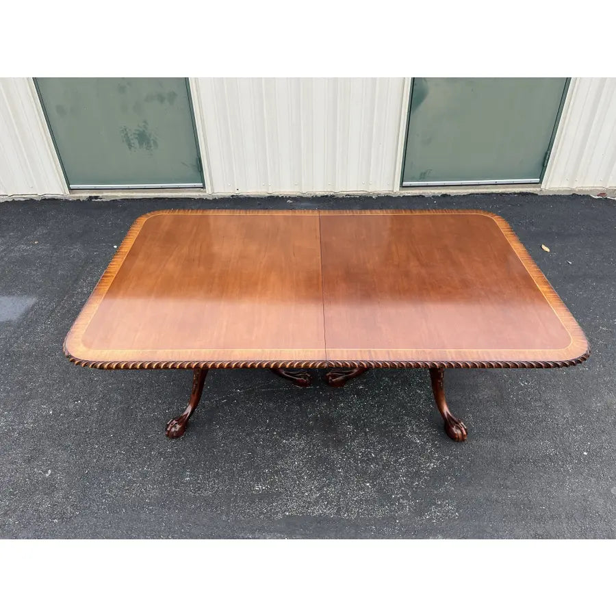 Banded Mahogany Double Pedestal Extension Dining Table- Clawfoot, Corded Edge- Circa 1980