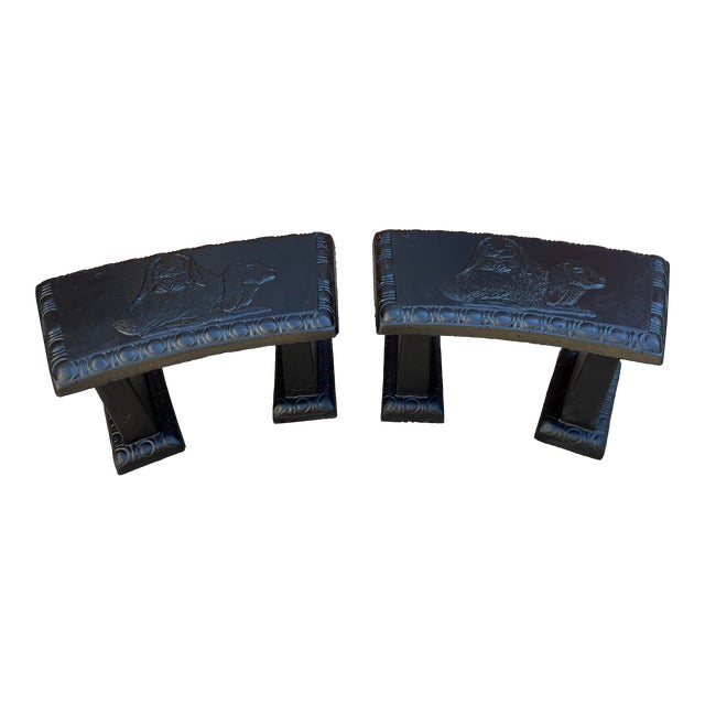 Black Concrete Garden Benches With Raised Rabbits Relief- A Pair