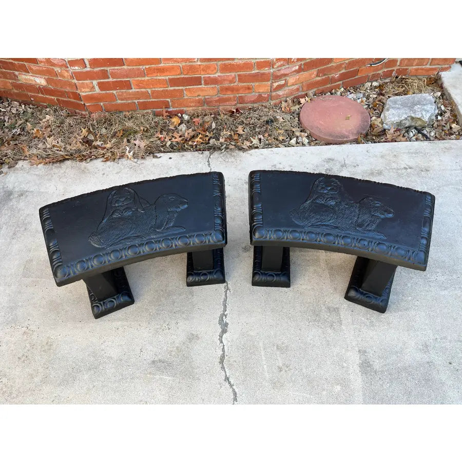 Black Concrete Garden Benches With Raised Rabbits Relief- A Pair