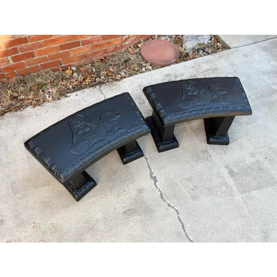 Black Concrete Garden Benches With Raised Rabbits Relief- A Pair