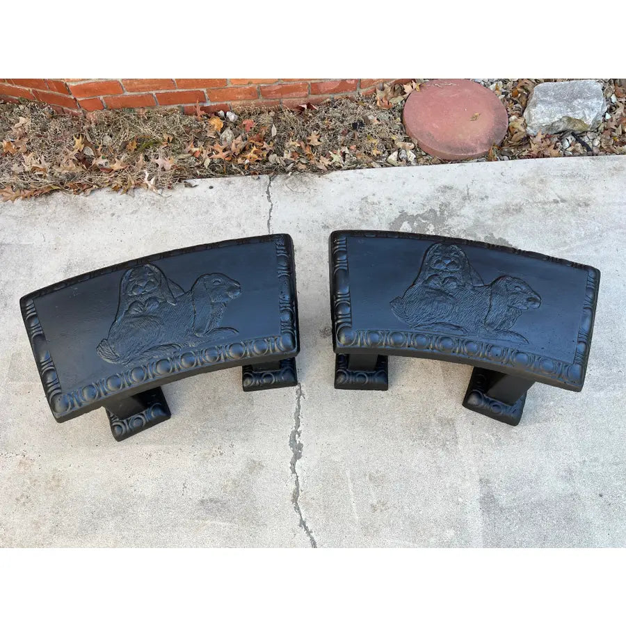 Black Concrete Garden Benches With Raised Rabbits Relief- A Pair