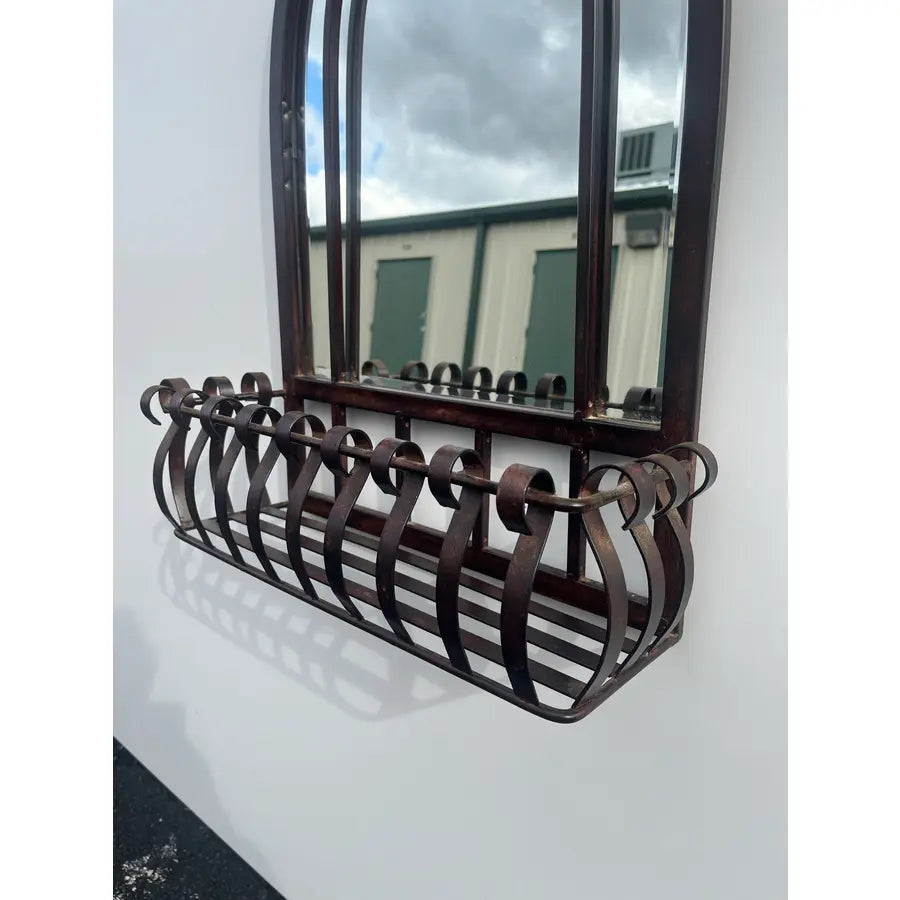 Blackened Bronze Cathedral Style Beveled Glass Wall Mirror and Caddy