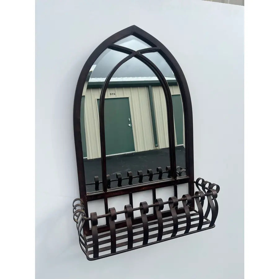 Blackened Bronze Cathedral Style Beveled Glass Wall Mirror and Caddy