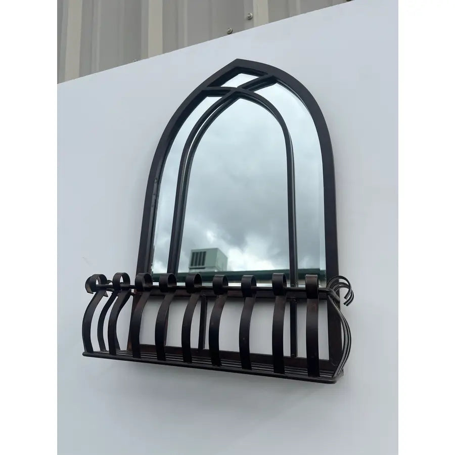 Blackened Bronze Cathedral Style Beveled Glass Wall Mirror and Caddy