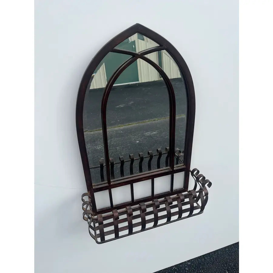 Blackened Bronze Cathedral Style Beveled Glass Wall Mirror and Caddy