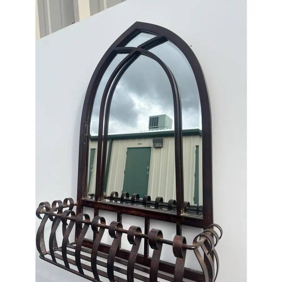 Blackened Bronze Cathedral Style Beveled Glass Wall Mirror and Caddy