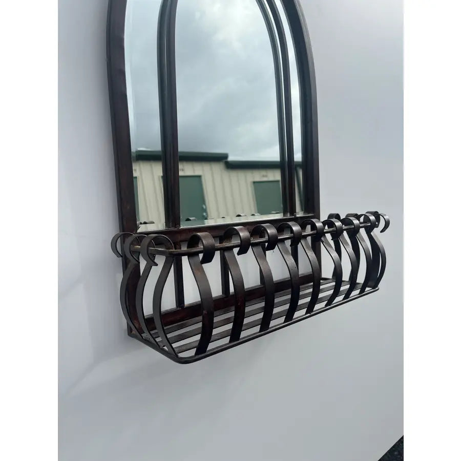 Blackened Bronze Cathedral Style Beveled Glass Wall Mirror and Caddy