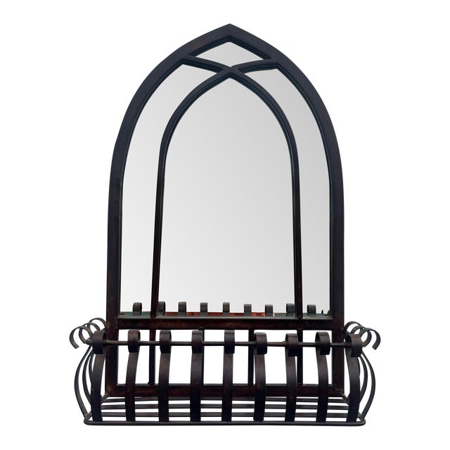 Blackened Bronze Cathedral Style Beveled Glass Wall Mirror and Caddy