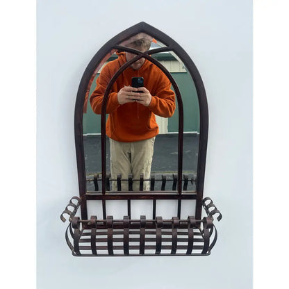 Blackened Bronze Cathedral Style Beveled Glass Wall Mirror and Caddy