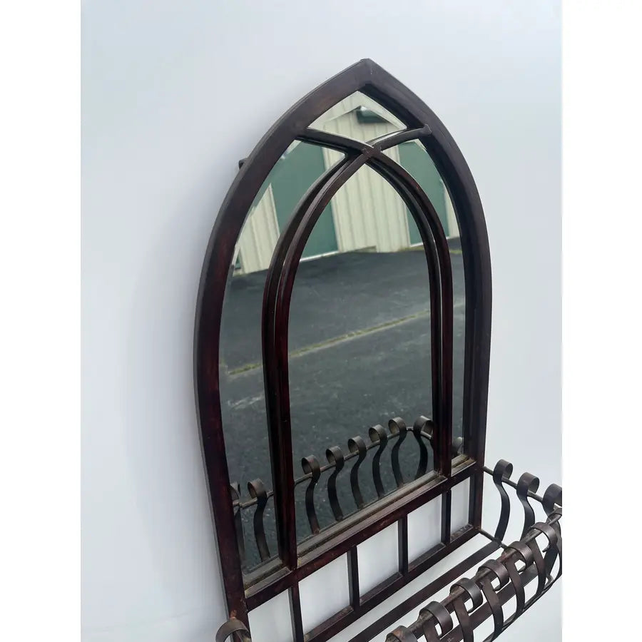 Blackened Bronze Cathedral Style Beveled Glass Wall Mirror and Caddy