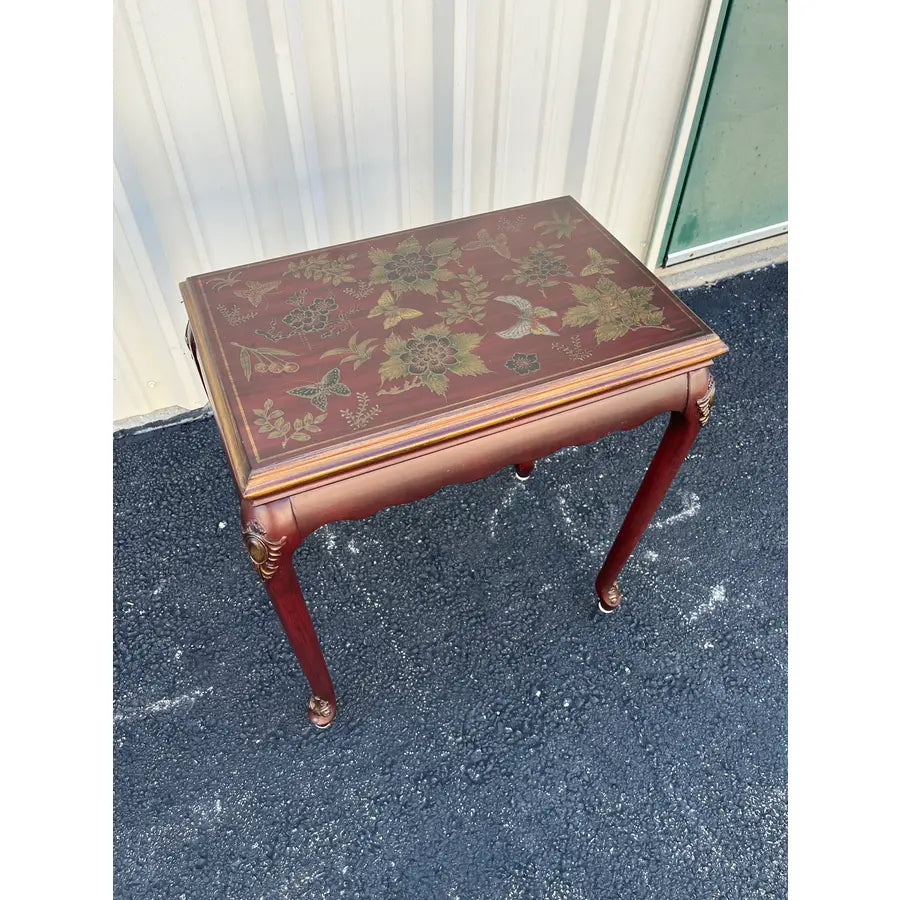 Chinoiserie Red Lacquer Floral Relief Side End Table