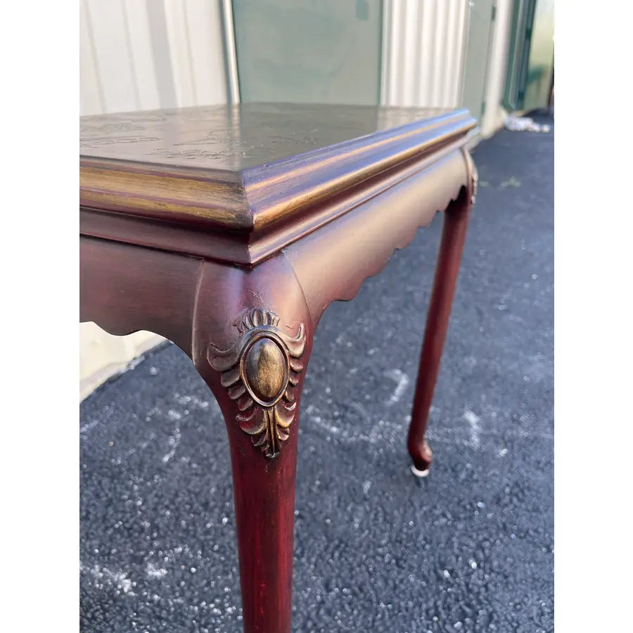 Chinoiserie Red Lacquer Floral Relief Side End Table