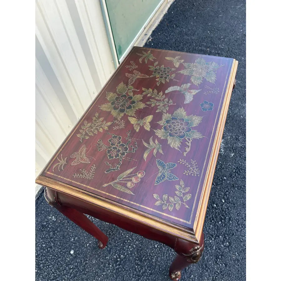 Chinoiserie Red Lacquer Floral Relief Side End Table