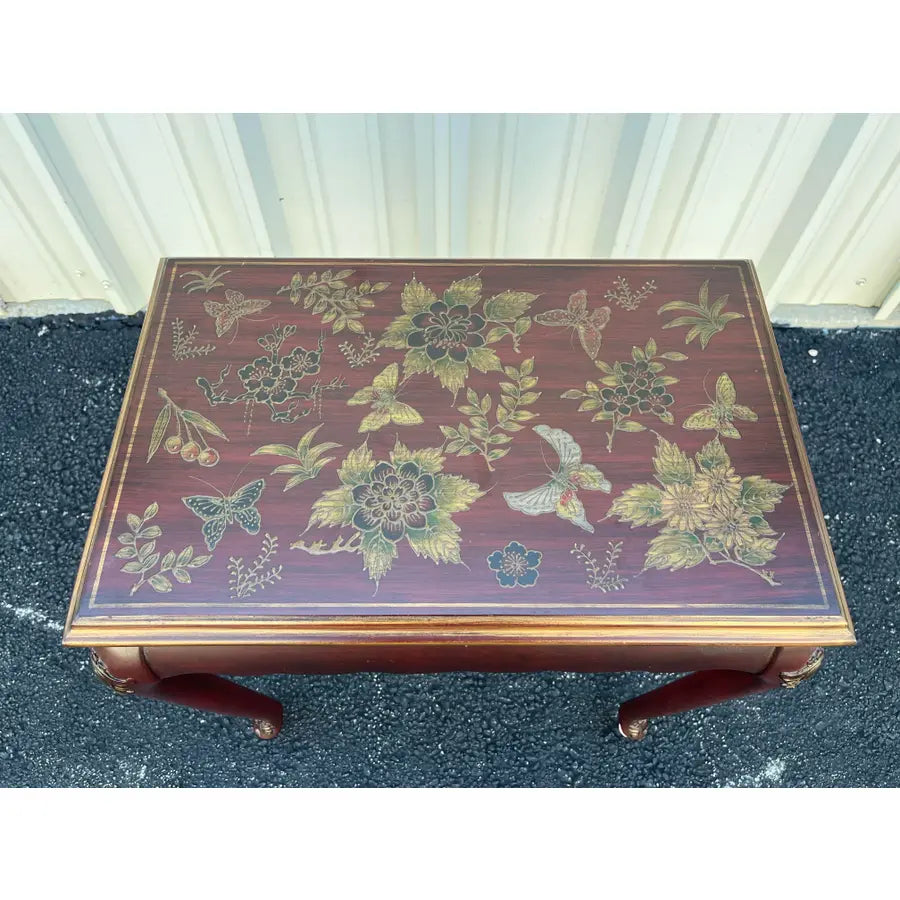 Chinoiserie Red Lacquer Floral Relief Side End Table