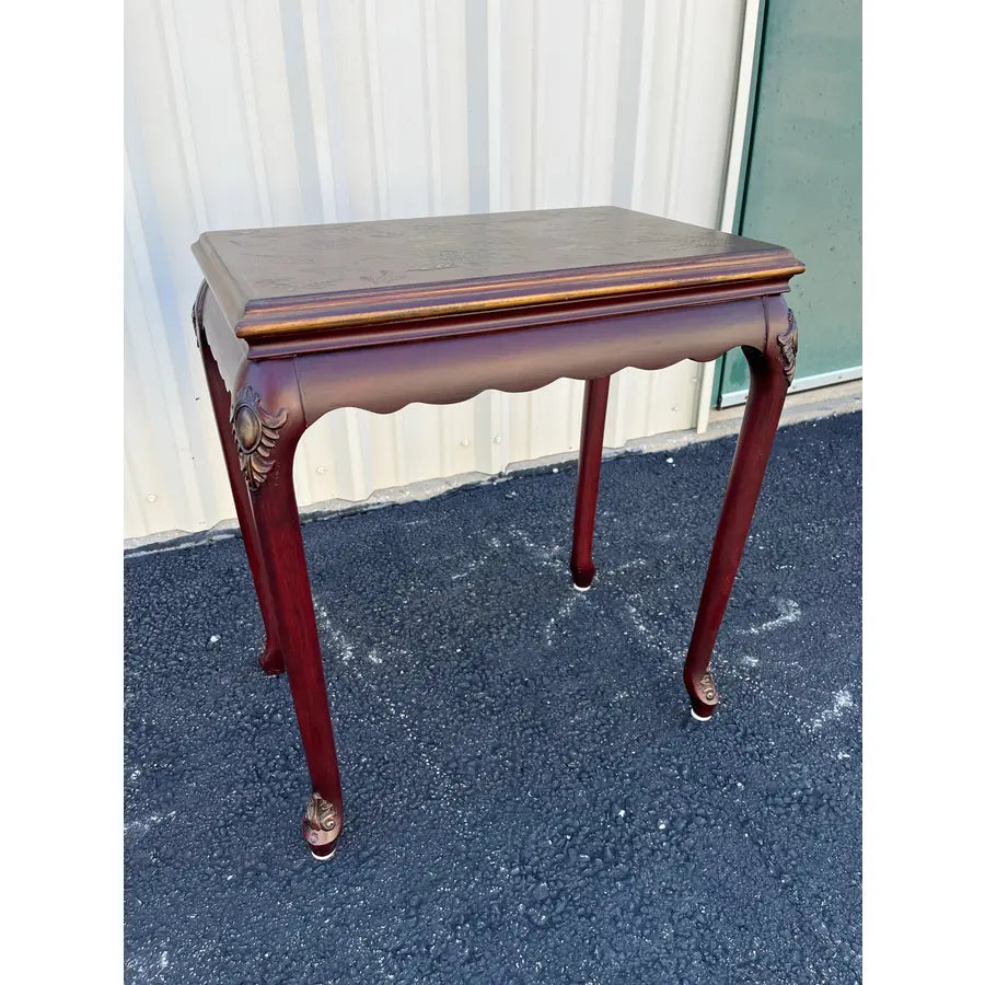 Chinoiserie Red Lacquer Floral Relief Side End Table