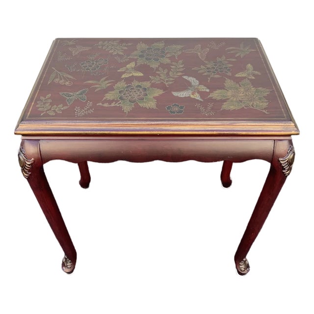 Chinoiserie Red Lacquer Floral Relief Side End Table