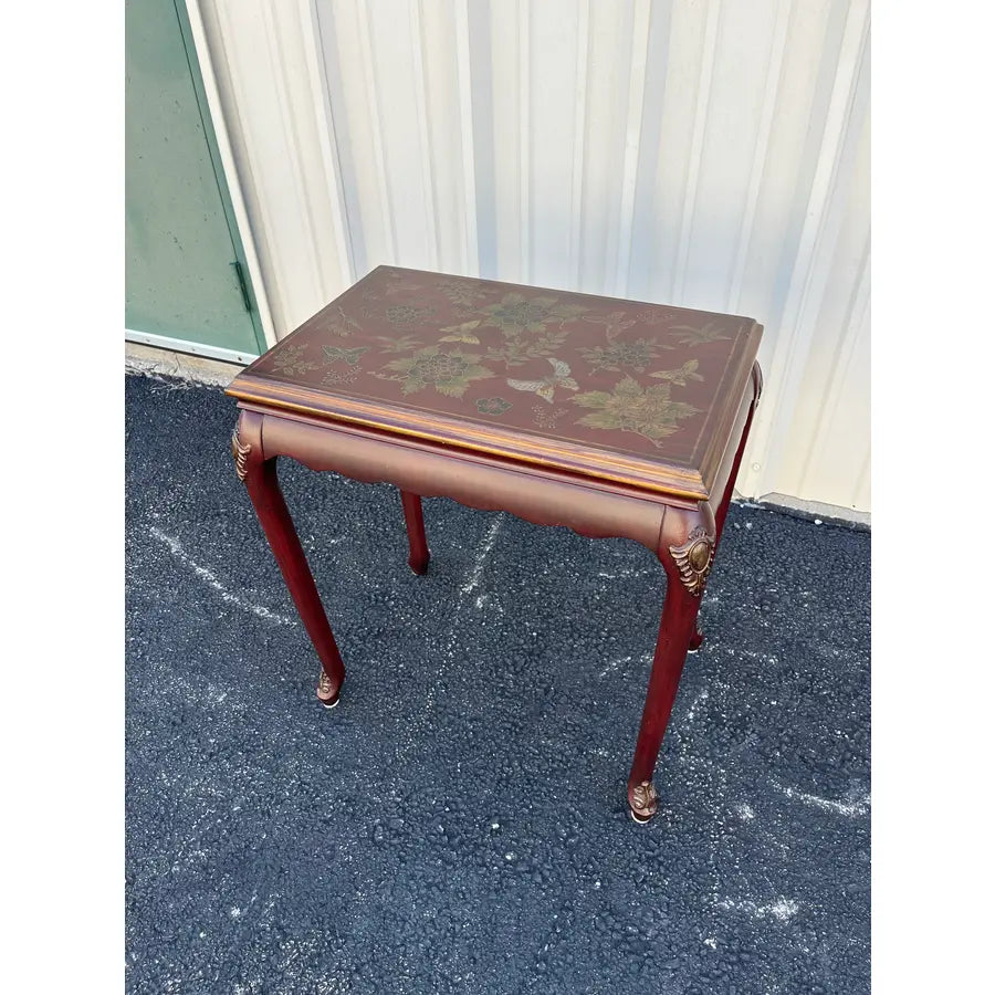 Chinoiserie Red Lacquer Floral Relief Side End Table