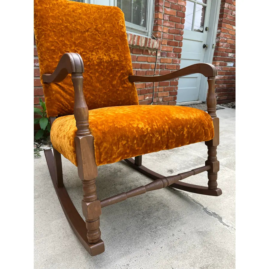 Dark Maple and Crushed Orange Velvet Rocking Chair