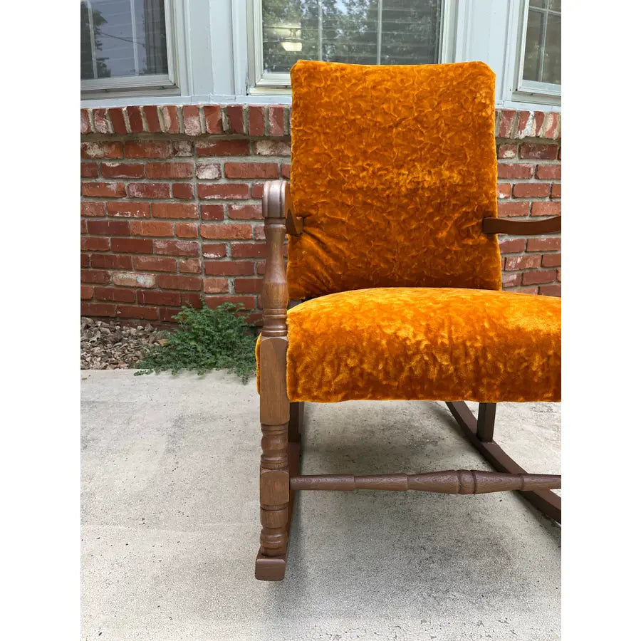 Dark Maple and Crushed Orange Velvet Rocking Chair