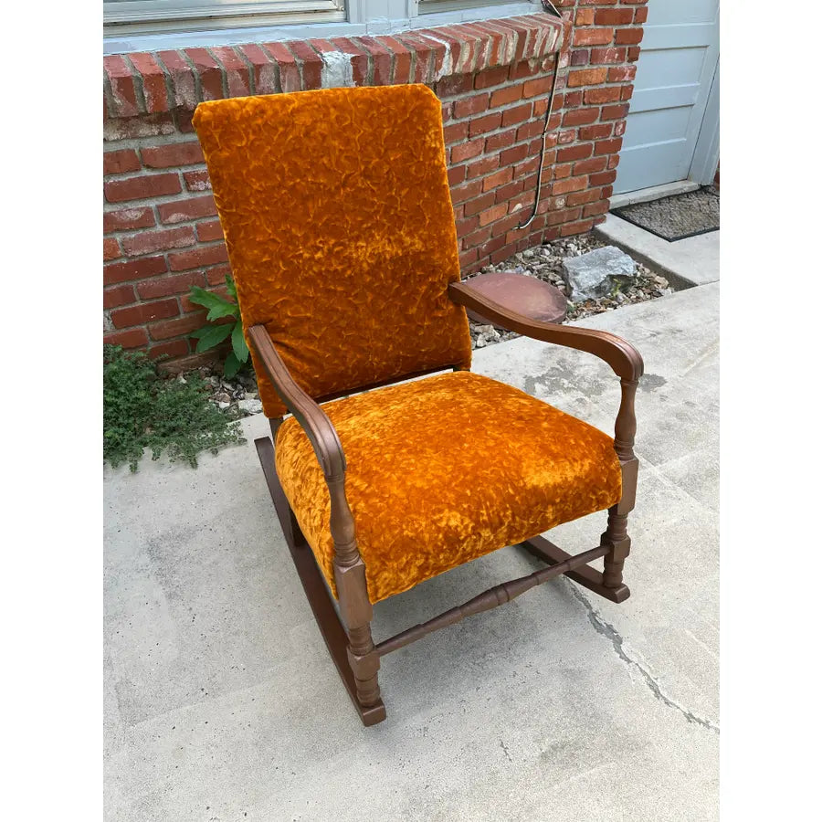 Dark Maple and Crushed Orange Velvet Rocking Chair