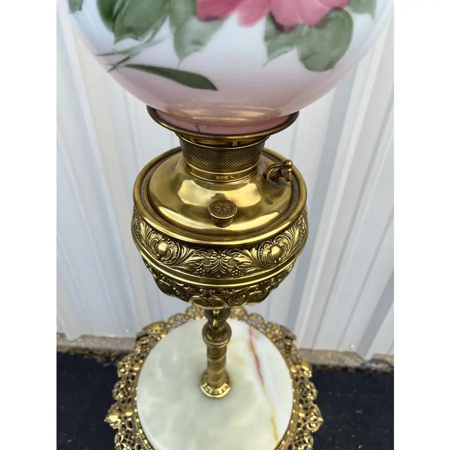 Early 1900's Juno Brass and Marble Telescoping Piano Floor Lamp With Painted Globe