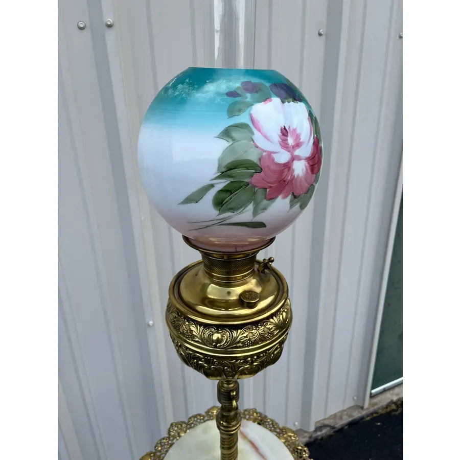 Early 1900's Juno Brass and Marble Telescoping Piano Floor Lamp With Painted Globe