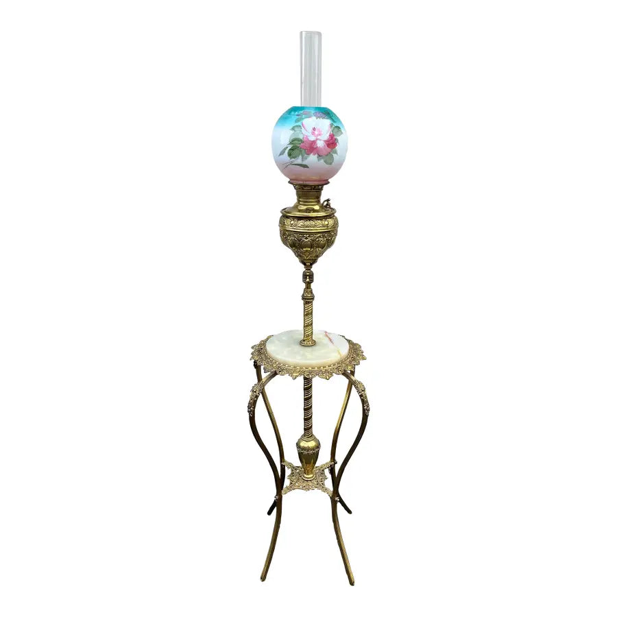Early 1900's Juno Brass and Marble Telescoping Piano Floor Lamp With Painted Globe