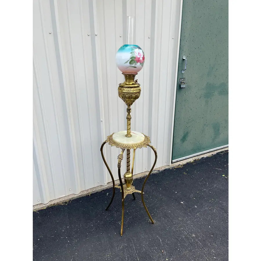 Early 1900's Juno Brass and Marble Telescoping Piano Floor Lamp With Painted Globe
