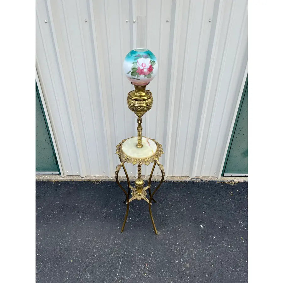 Early 1900's Juno Brass and Marble Telescoping Piano Floor Lamp With Painted Globe