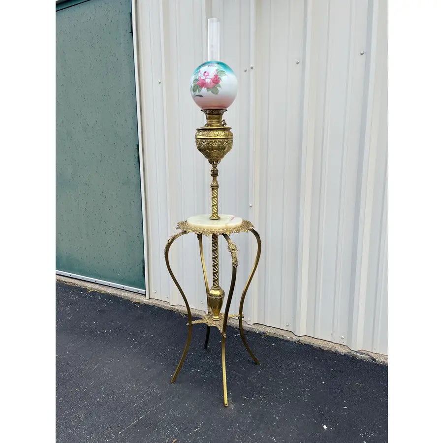 Early 1900's Juno Brass and Marble Telescoping Piano Floor Lamp With Painted Globe