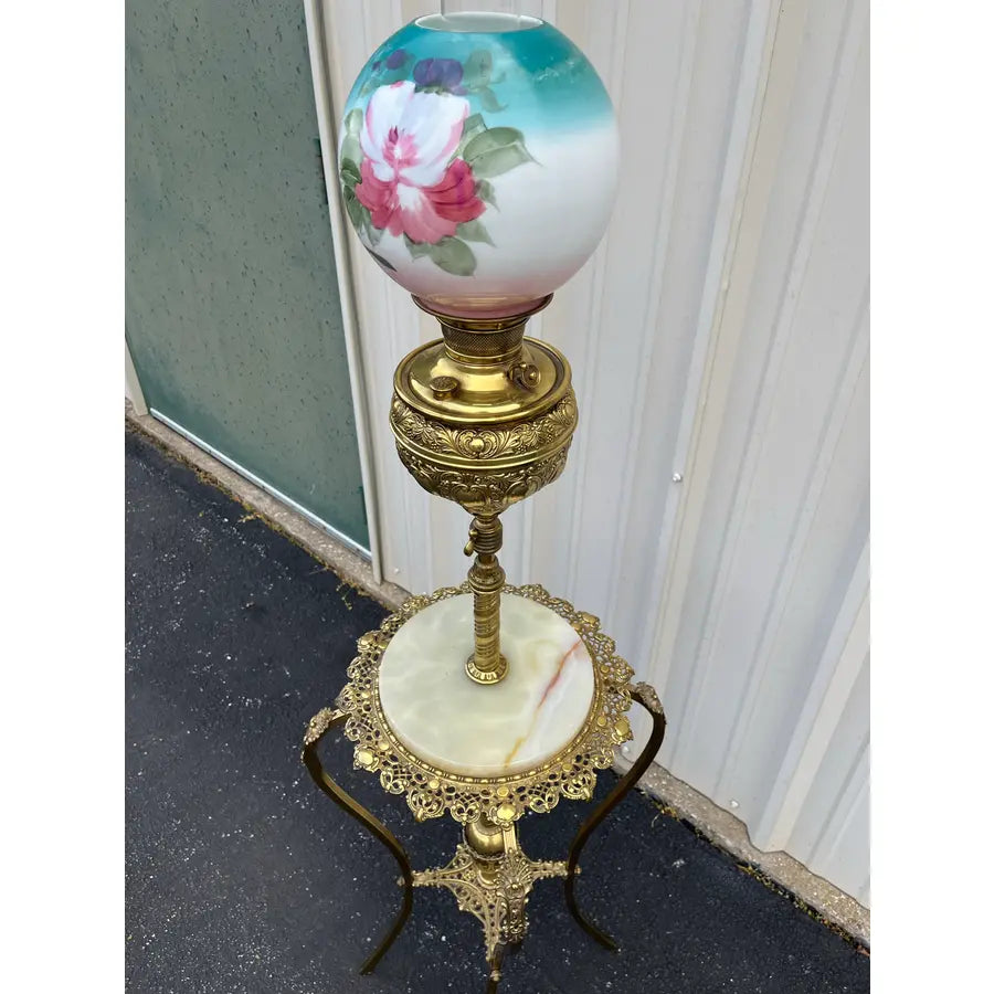 Early 1900's Juno Brass and Marble Telescoping Piano Floor Lamp With Painted Globe