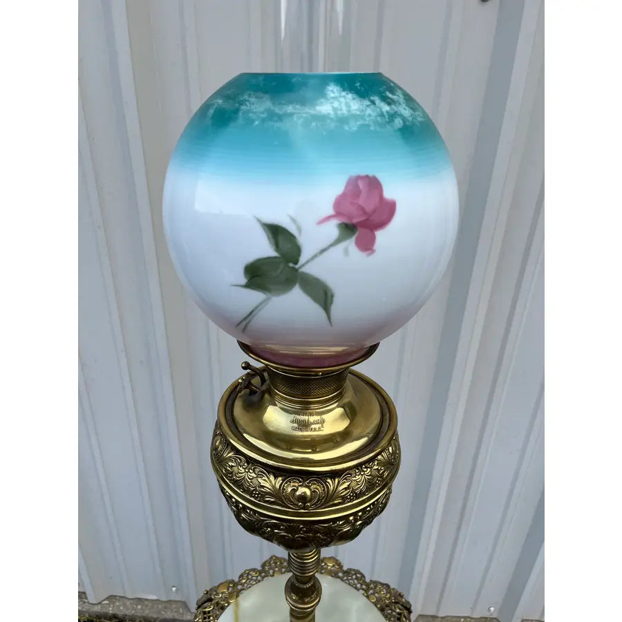 Early 1900's Juno Brass and Marble Telescoping Piano Floor Lamp With Painted Globe