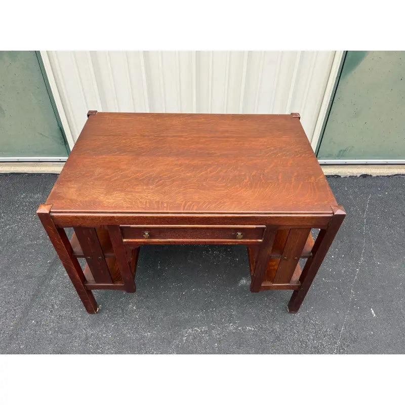 Early 1900s Limberts Quartersawn Oak Arts & Crafts Desk With Side Bookshelves