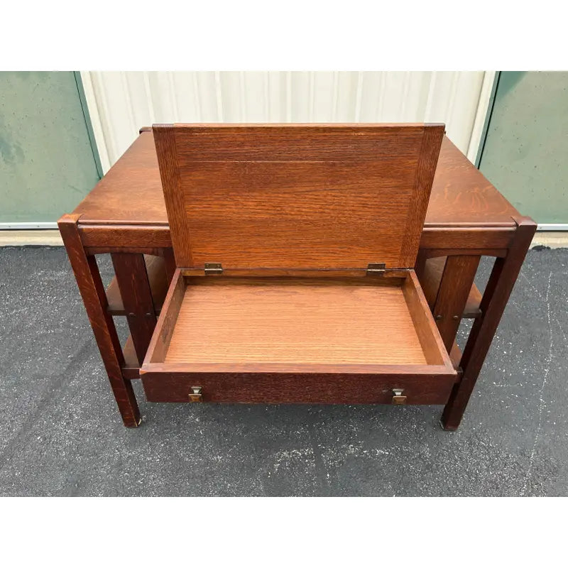 Early 1900s Limberts Quartersawn Oak Arts & Crafts Desk With Side Bookshelves