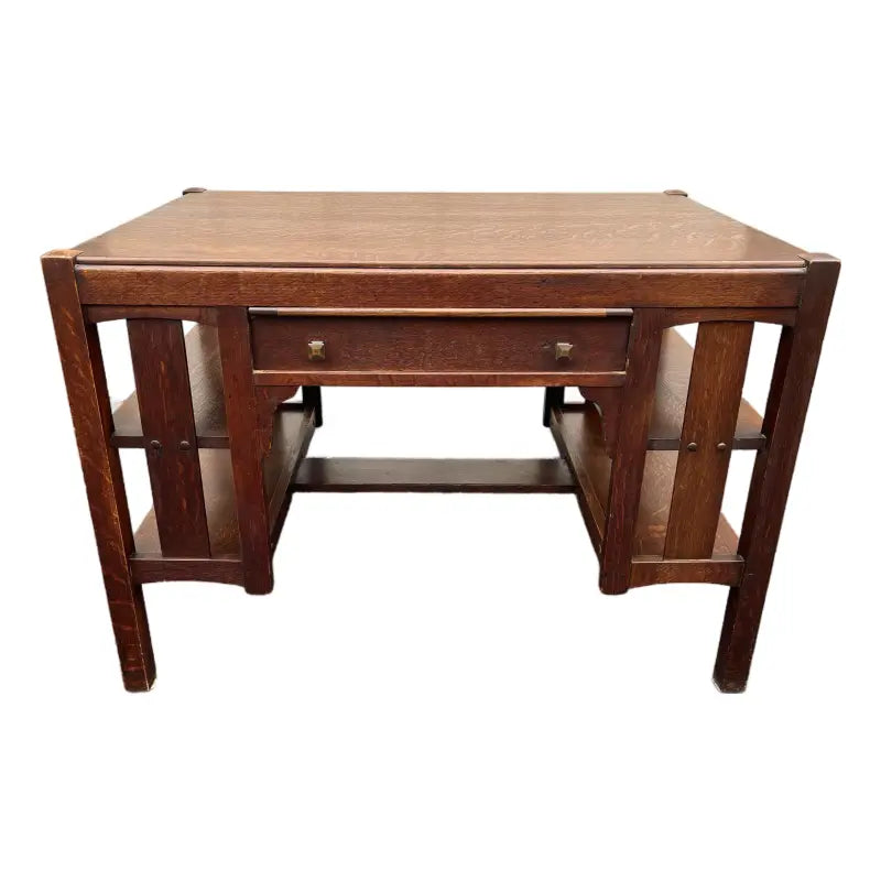 Early 1900s Limberts Quartersawn Oak Arts & Crafts Desk With Side Bookshelves