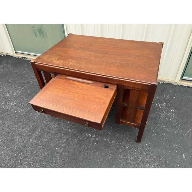 Early 1900s Limberts Quartersawn Oak Arts & Crafts Desk With Side Bookshelves