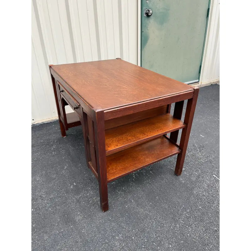 Early 1900s Limberts Quartersawn Oak Arts & Crafts Desk With Side Bookshelves