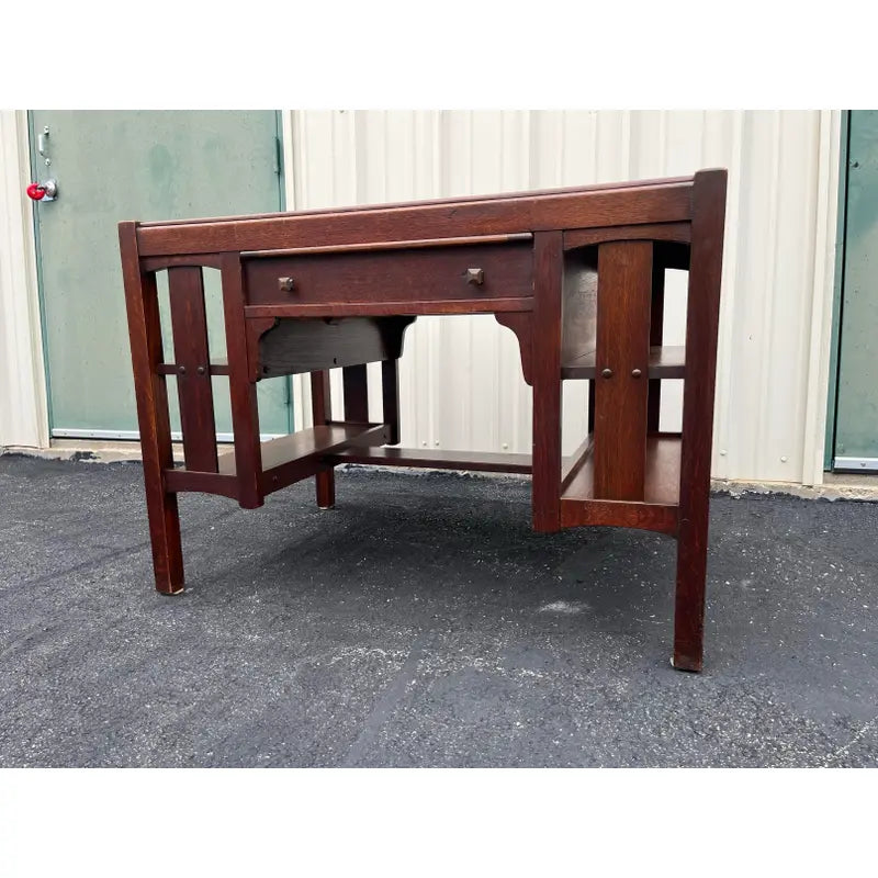 Early 1900s Limberts Quartersawn Oak Arts & Crafts Desk With Side Bookshelves