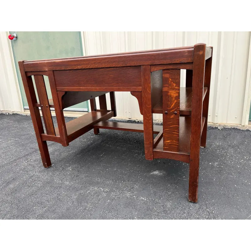 Early 1900s Limberts Quartersawn Oak Arts & Crafts Desk With Side Bookshelves