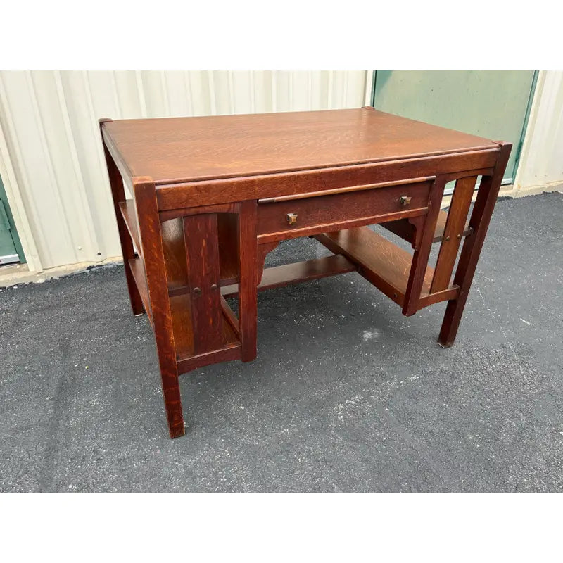 Early 1900s Limberts Quartersawn Oak Arts & Crafts Desk With Side Bookshelves