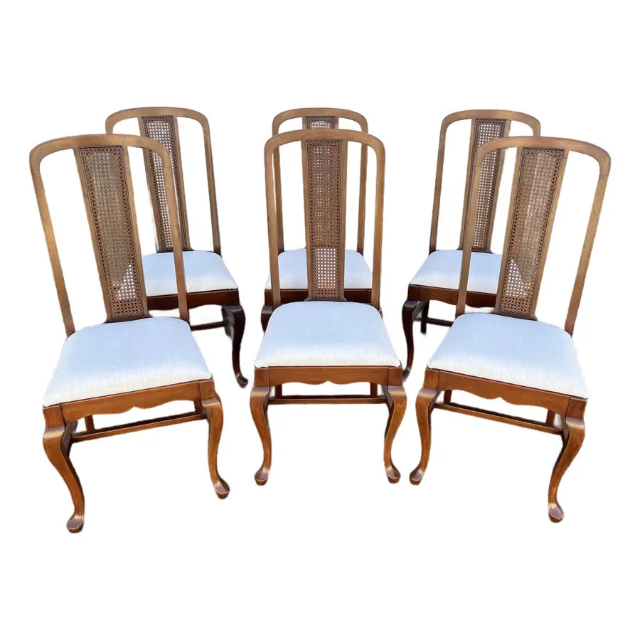 Early 1900s Walnut Cane Back Dining Chairs- Set of 6- Newly Reupholstered