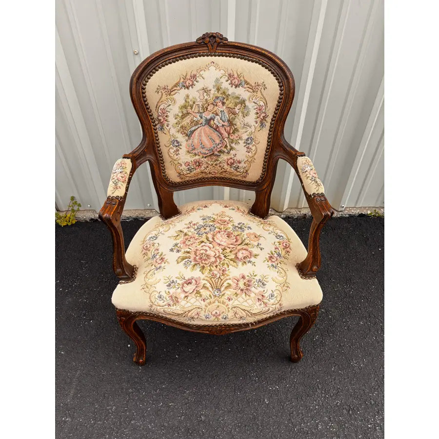 Early 20th Century French Walnut Needlepoint Arm Chairs- A Pair