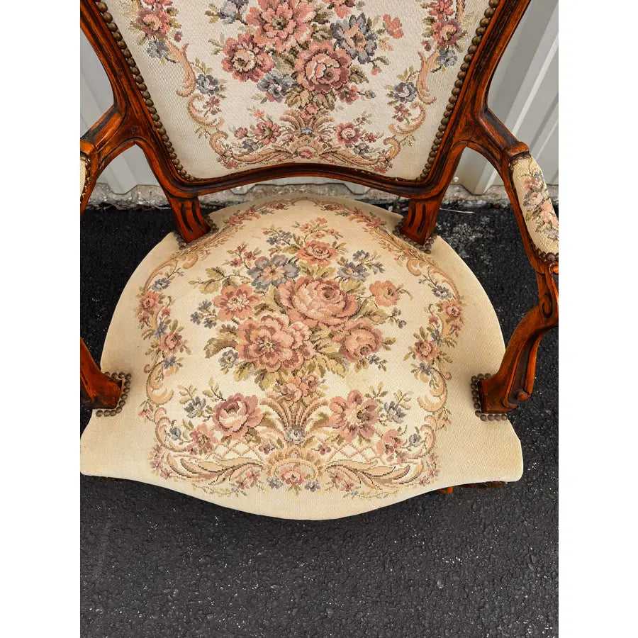 Early 20th Century French Walnut Needlepoint Arm Chairs- A Pair