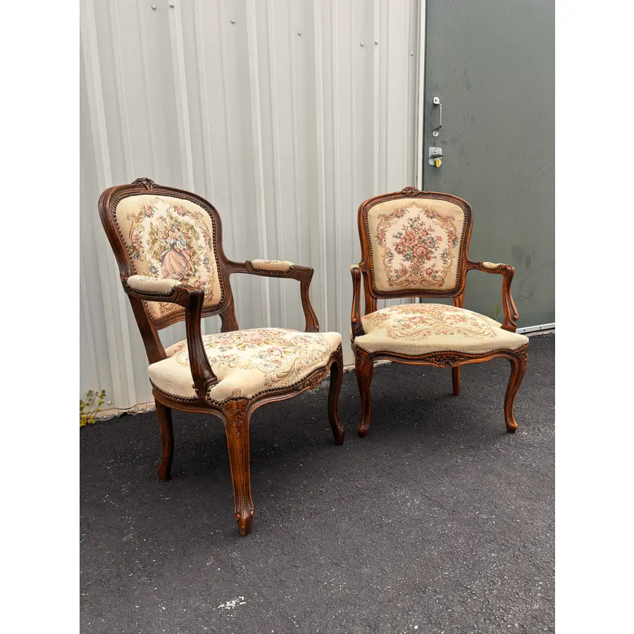 Early 20th Century French Walnut Needlepoint Arm Chairs- A Pair
